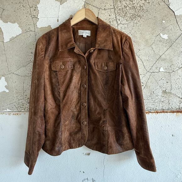 Vintage Jacket Faux Leather Reptile Womens L Brown Croc Print Trucker Cut Coat - Picture 1 of 6